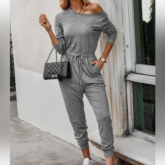 Classic Elegant Asymmetrical Neck Long Sleeve Knot Tie Waist Tee Jumpsuit - Picture 6 of 11